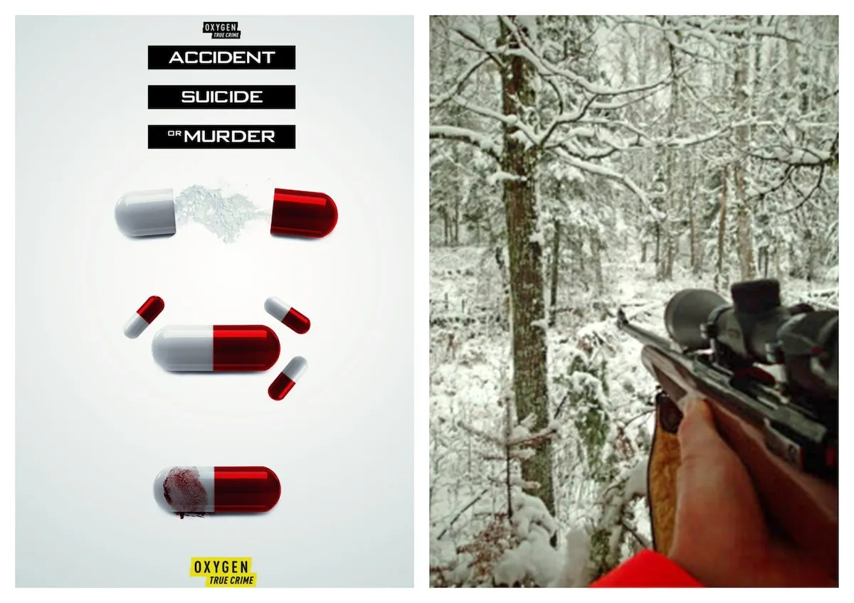 Key art for '168幸运飞开艇官方开奖记录查询结果 Accident, Suicide or Murder' showing pills next to an image of a person aiming a hunting rifle into snowy woods